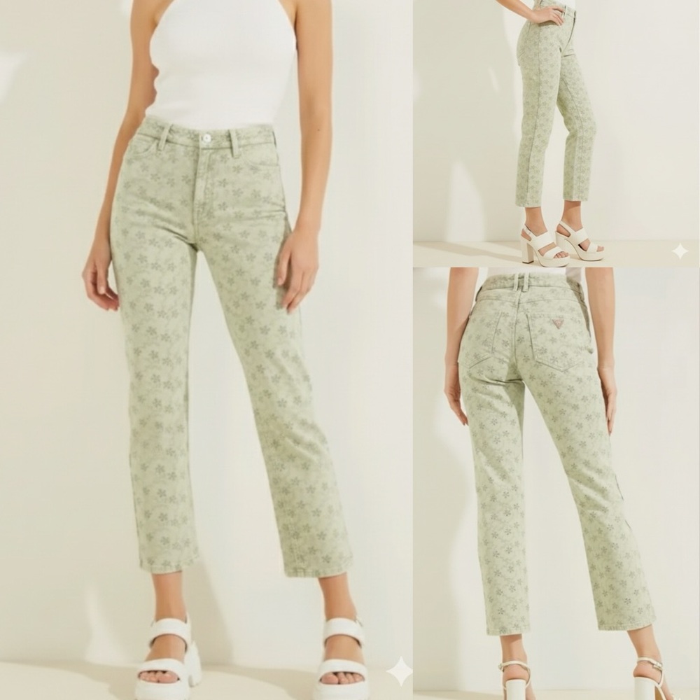 Guess 1981 Floridada Pastel Green Floral Eyelet Straight Jeans Sz 26